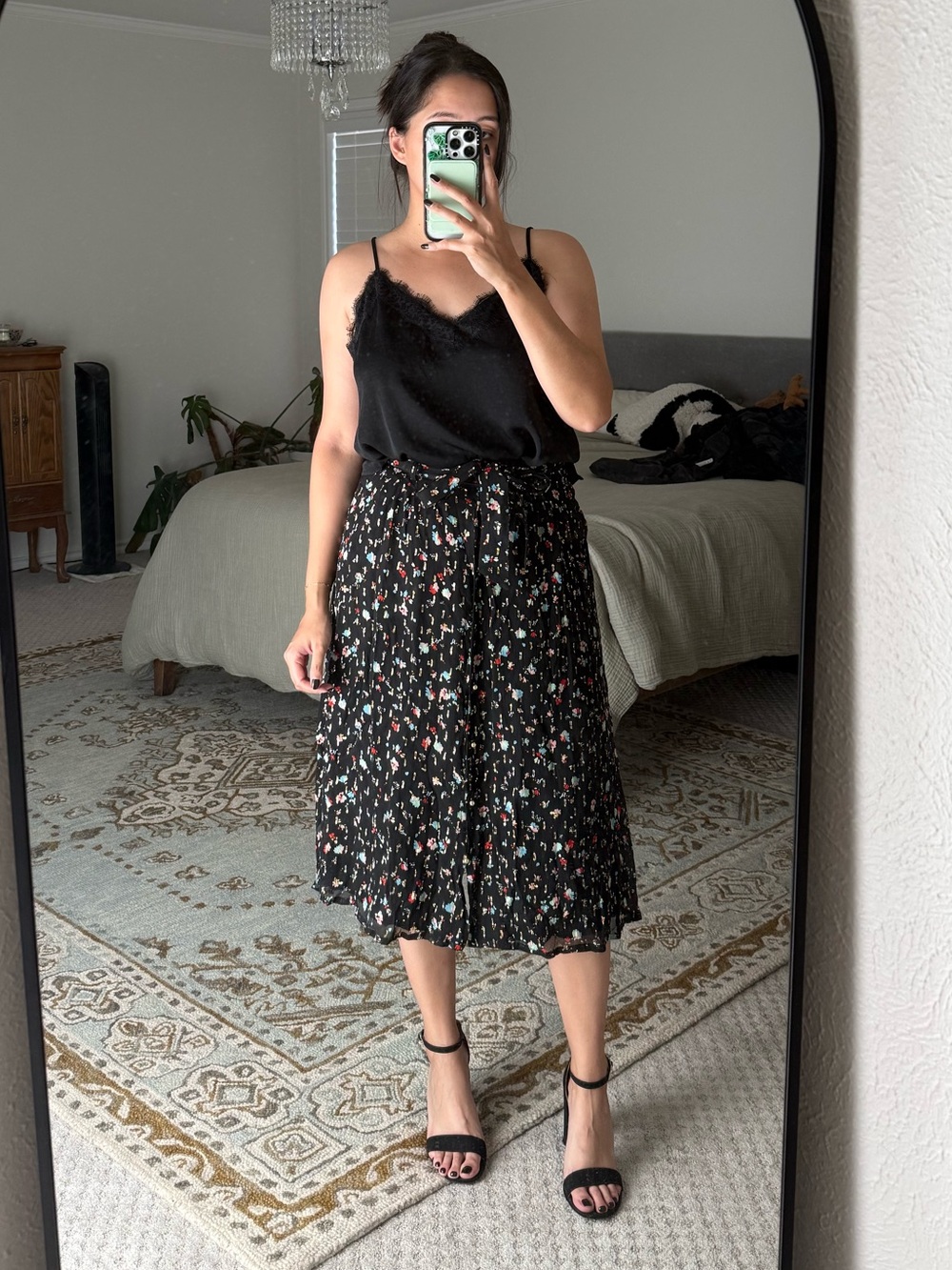 Sezane Black Floral Midi Skirt